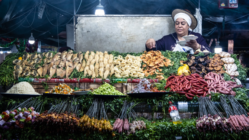 Good food freshly prepared on the Jemaa el Fna, Marrakesh.